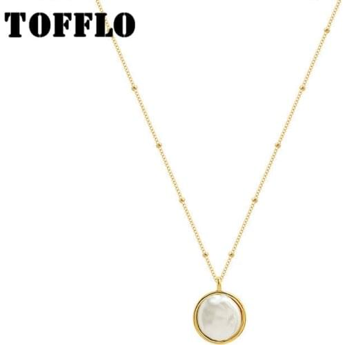 TOFFLO Stainless Steel Jewelry Geometric Circle Inlaid Imitation Pearl Necklace Womens Fashion Clavicle Chain BSP882