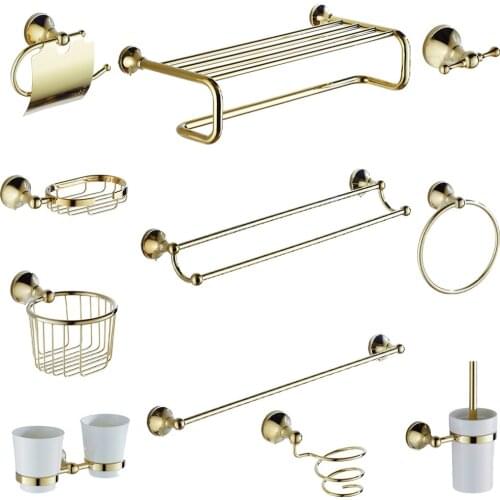 Leyden Gold Brass Wall Mounted Bathroom Accessories Set Single Towel Bar Towel Holder Rack Toilet Paper Holder Clothes Hooks
