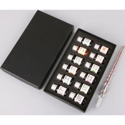 12pcs Gold Powder Colored Bottled Glass Dip Pen Ink Set Fountain Writing Signature Box Gift 7ML R9UA