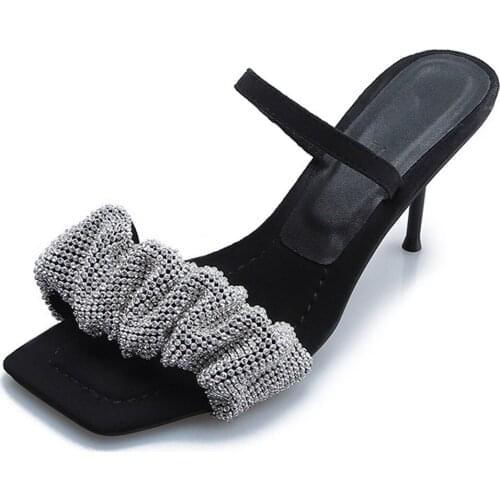 2021 New Style Women Sandals Rhinestone One Word Thin High Heel Slippers Square Toe Fashion Womens Shoes