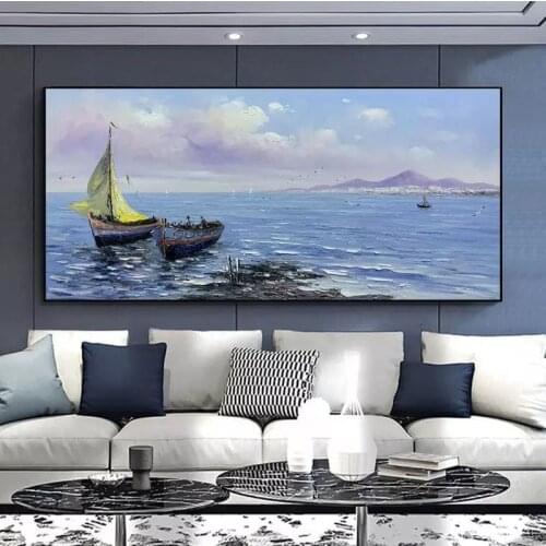 Handmade Abstract Oil Painting Wall Art Sailboat Seascape Picture Minimalist Modern On Canvas Decorative For Living Room