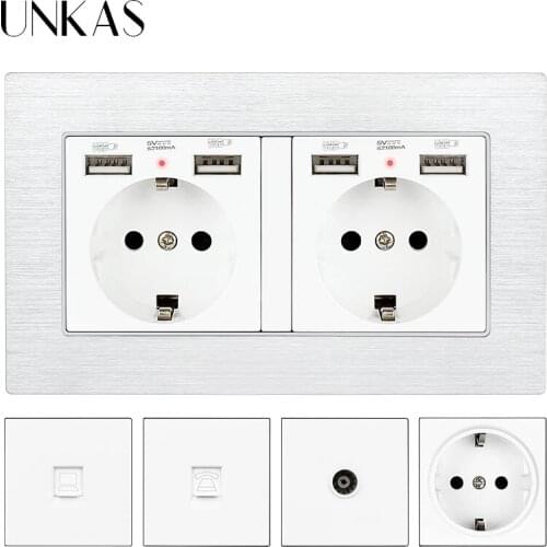 UNKAS White Aluminum Panel EU / French Socket Dual USB Charge Port Hidden Soft LED + Female TV RJ45 Internet RJ11 Telephone Jack