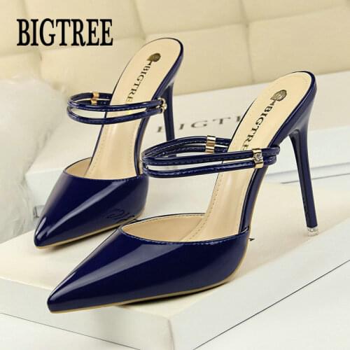BIGTREE European Summer European Fashion Thin High Heels Shoes Pointed Shallow Metal Decoration Sandals Sexy Slim Female Slipper