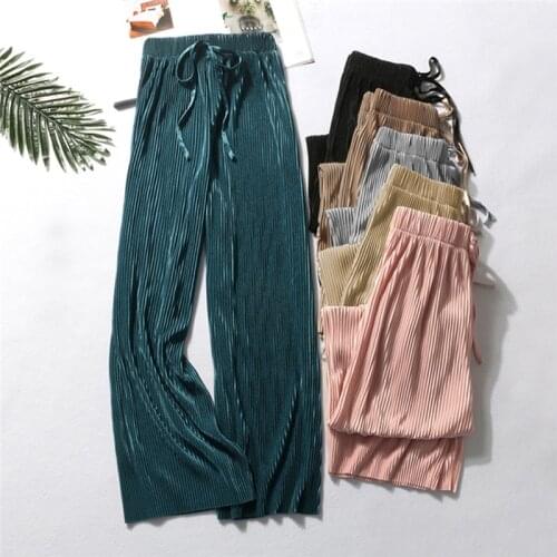 Summer Wide Leg Pants For Women Casual Elastic High Waist 2021 New Fashion Loose Long Pants Pleated Pant Trousers Femme