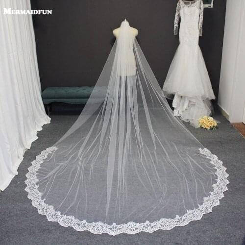 Partial Lace 3M Long Wedding Veil One Layer Elegant Cathedral Bridal Veil with Comb New Welon Bride Veil Voile Mariage