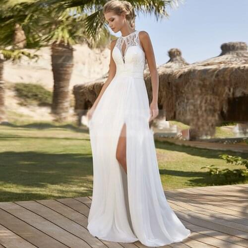 Elegant Chiffon Boho Beach O-Neck Wedding Dress Sleeveless Side Slit Backless Lace Appliques Bridal Gowns 2021 Vestido De Noiva