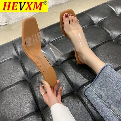 HEVXM 2021 Fashion PVC Sandals Open Toed Sexy Jelly Round Heels Crystal Women Shallow Transparent Slippers Pumps Party