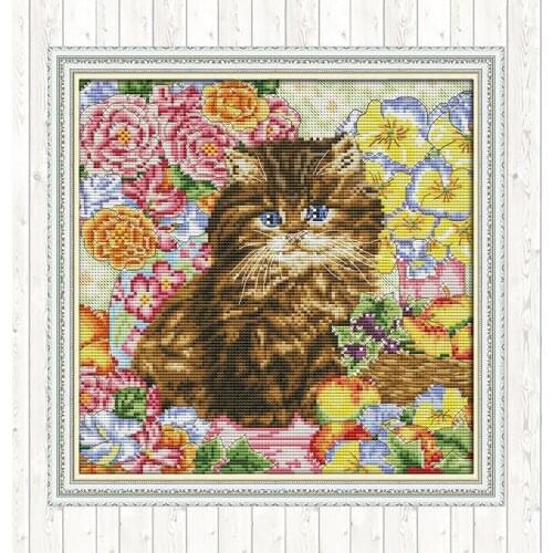 Cat In The Flower Patterns Kits DIY Needlework Crafts Cotton Thread Embroidery Needlework Sets Cross Stitch Kits Wall Home Decor