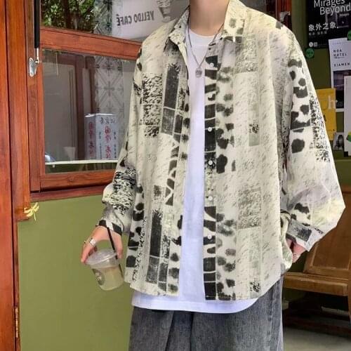 Casual Long Sleeve Shirts Men All-match Print Loose Thin Top Hawaiian Outerwear Mens Clothes Four Seasons Trend New 2021 Shirts