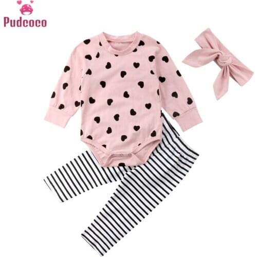 Newborn Clothes Baby Girl Outfits Set Cotton Love Heart Romper Jumpsuit +Striped Leggings Headband