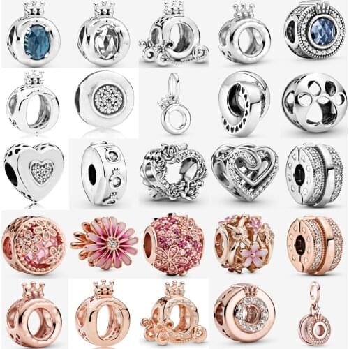 Wholesale prices 925 Sterling Silver Pink Daisy Flower Crown Charm Fit Pandora Bracelet Rose Gold Charm Clip Bead Diy Jewelry