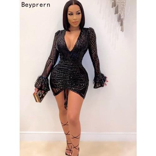 Beyprern Beautiful Sequin Glam Mini Dress Elegant Ruched Feather Patchwork Bodycon White New Year Party Dress Chirstmas Outfits