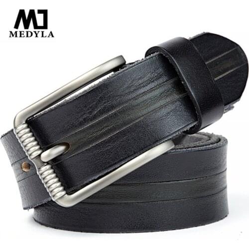 MEDYLA Original cowhide Mens Casual Belt Sturdy Alloy Pin Buckle Quality No Interlayer Leather Belt Fashion Jeans Trend Belt