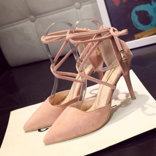 Lace-up sandals spring and summer new suede shallow mouth hollow womens shoes wild cross strap pointed high heels