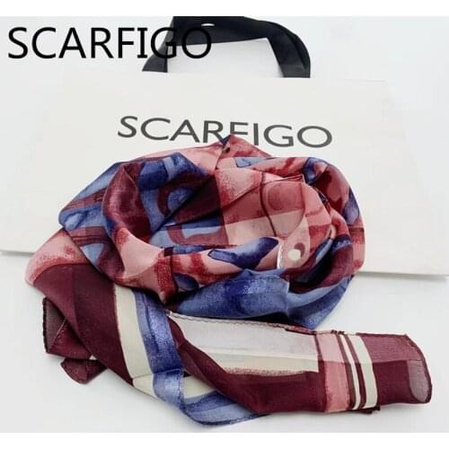 SCARFIGO 2021 130*25cm Fashion Flower Printing Womens Bandana 100% Silk Scarf Womens Scarves Head Hijab