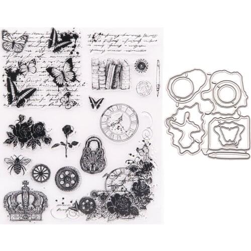 Butterfly Crown Flower Stamp and Dies Transparent Clear Silicone Stamp Cutting Die Set for DIY Scrapbooking Photo Decorative