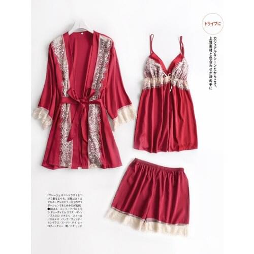 Wedding Bride Pajamas Three-Piece Strap Shorts Nightgown Eyelash Lace Leisure Tops Can Be Worn outside with Chest Pad