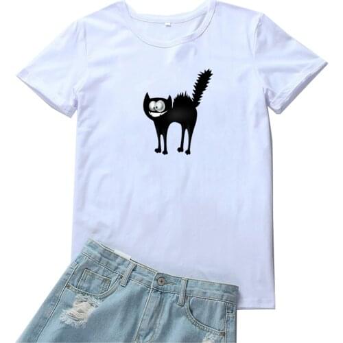 Smiling Black Cat Women T-shirt Cartoon Animal Graphic Tees Women Casual Clothes Camiseta Muje Kawaii Print Tee Shirt Femme Tops