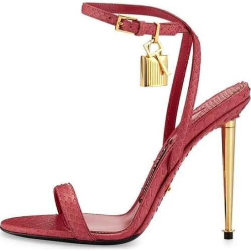 Moraima Snc Sexy Padlock High Heel Sandal Summer Open Toe Thin Heels Leather Shoes Woman Super High Ankle Strap Gladiator Sandal