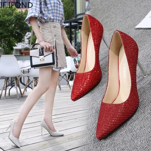 IF IFOND Women Pumps Brand 10cm High Heels Black Sequined cloth Pointed Toe Sexy Stiletto Shoes Woman Ladies Plus Big Size 43 44