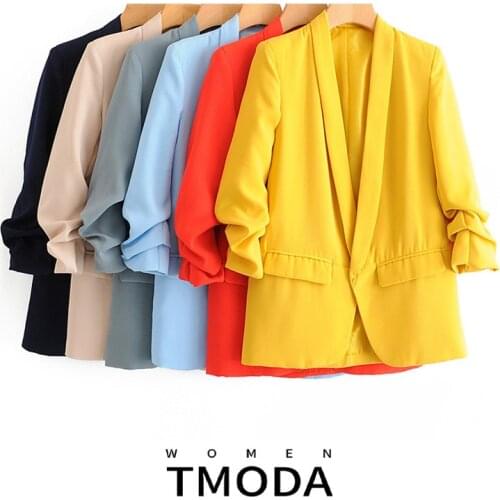 TMODA654 Women 2021 Fashion Office Wear Basic Blazers Coat Vintage Pleated Long Sleeve Pockets Outerwear Chic Tops 6 Colors