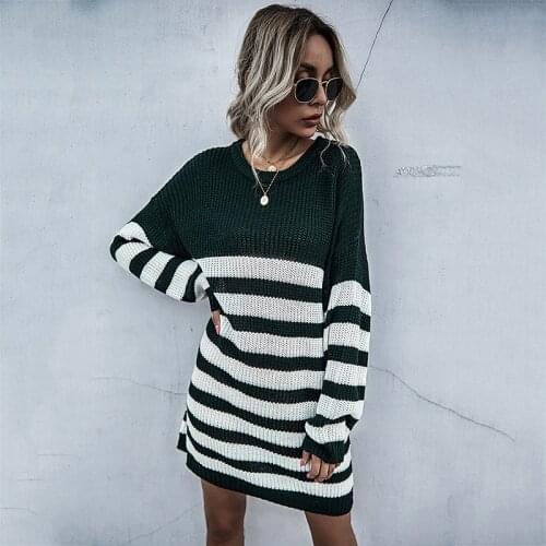 Black White Striped Goth Women Long Sweater 2021 Autumn Lady O Neck Thin Pullover Contast Color Sweaters Hipster Knitted Dress