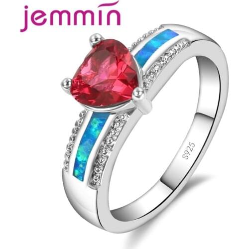 Triangle Red Crystal Blue Fire Opal Rings For Women With Cubic Zirconia 925 Sterling Silver Bridal Wedding Ring Jewellery