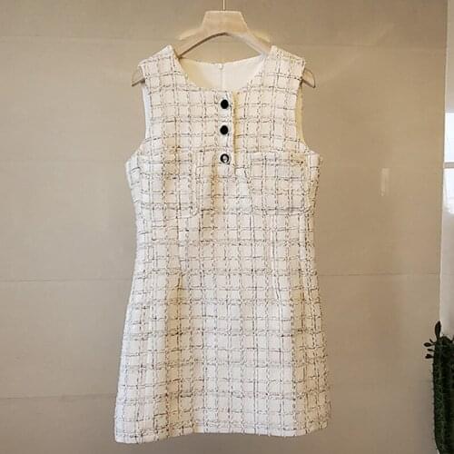 High-end autumn 2021 French small sweet wind a-line tweed sleeveless dresses women midi party clothes k3331