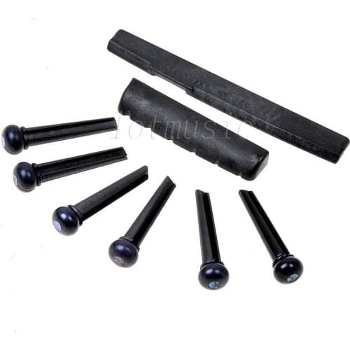 1pcs Acoustic Guitar Strings Bridge Saddle 72*3*9mm+1pcs Guitar Nuts Slotted,43*6*8.8mm+6* Guitar Bridge Pins ,Black