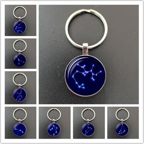12 Zodiac Signs Keyrings Constellation Cute Cabochon Keychain Jewelry Scorpio Sagittarius Capricorn Virgo Pendant Birthday Gift