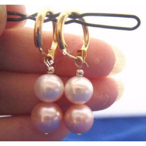 Free shipping Beautiful 10-11mm natural South Sea white pink Pearl Earring 14k/20 yellow gold hoo