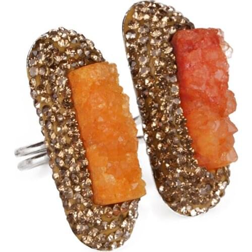 KEJIALAI Natural Colorful Stone Rings for Women Paved with Gold Color Rhinestone Shining Gift Luxury Style Crystal Druzy Geode