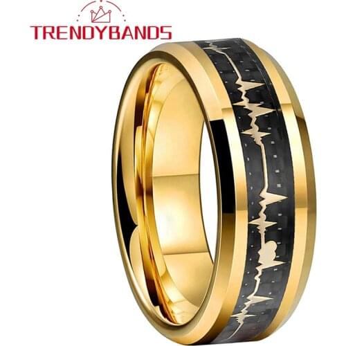 8MM Gold Men Women Tungsten Carbide Couples Ring Heartbeat Wedding Band Black Carbon Fiber High Polished Finish Comfort Fit
