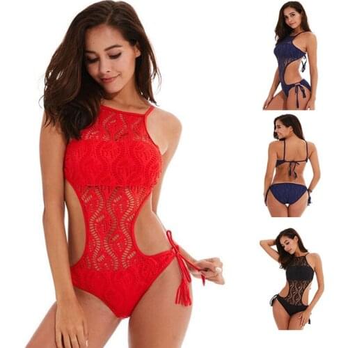 Fashion Cute Camisole Bikini Jumpsuit Women Strappy Bandage Hollow Out Lace Swimsuit Sexy Swimwear Lady Kawaii Beachwear Summer