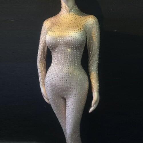AB Rhinestones Sparkly Jumpsuit Fashion Sexy Nude Big Stretch One-piece Bodysuit Outfit Party Leggings