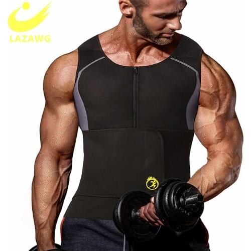 LAZAWG Men Slimming Body Shaper Gym Sauna Sweat Suit Waist Trainer Weight Loss Belt Zipper Workout Tank Top Shirt Vest Underwear