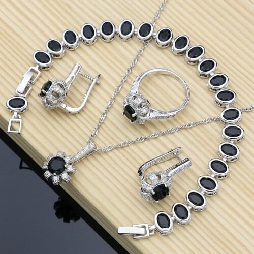 925 Silver Bridal Jewelry Sets Docoration For Women Engagement Black Stone Earrings Rings Dropshipping Necklace Set