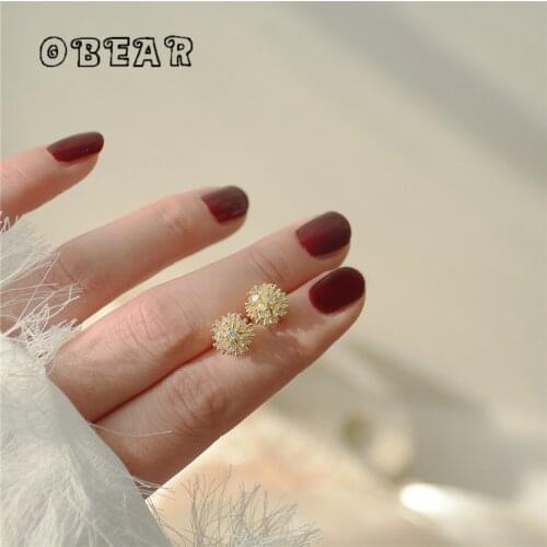 OBEAR 14k Real Gold Electroplating Shiny Zircon Spherical Stud Earrings Women Sweet Romantic Wedding Gift Jewelry