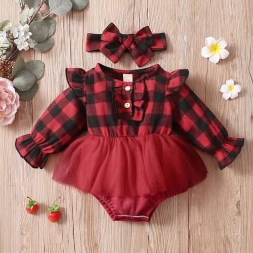 XMAS Outfits Plaid Printed Pattern Long Sleeve Romper Bow knot Headdress Baby Girls Clothes Two-piece Set for 0-18 M