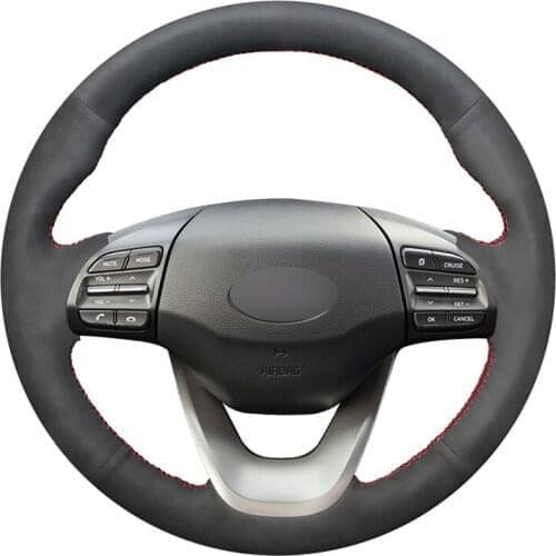 Hand-stitched Soft Black Suede Car Steering Wheel Cover for Hyundai Kona 2017 2018 2019 2020