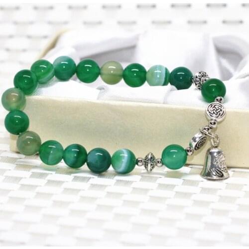 Silver-color bell 8mm natural stone green veins agat onyx carnelian round beads bracelet elastic diy jewelry 7.5inch B2084