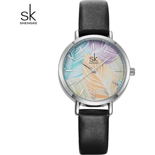 Shengke Creative Painted Women Watches Fashion Ladies Black Leather Watches Montre Femme 2019 SK Reloj Mujer Casual Quartz Watch