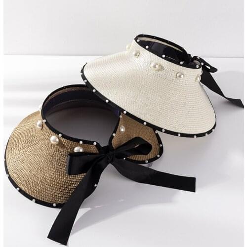 Womens Summer Hat Sun Visor Pearl Decoration Bow Empty Top Wide Brim Hat Sun Protection Cap Female Sun Hats Beach Hat Straw Hat