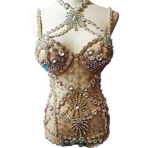 Lady singer Sparkling Crystals Bodysuit sexy Perspective DS costumes Fashion See-through slim performance dress Bar Club DJ show