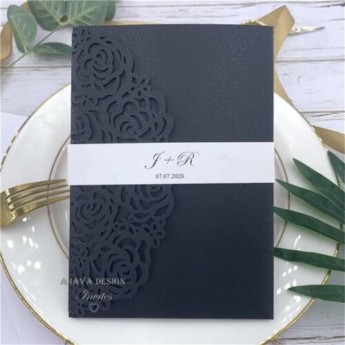 Gorgeous Black Laser Wedding Invitations With Customized Belly Band, Insert And RSVP card