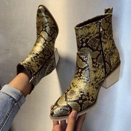 Winter Women Ankle Boots Pu Leather Snake High Heel Point Toe Platform Female Motorcycle Shoes Ladies Pumps Zapato Mujer