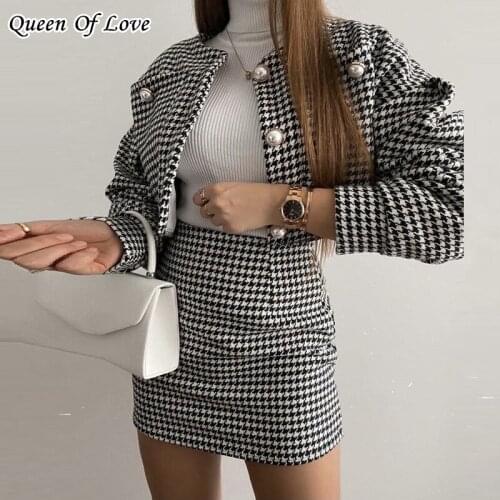 2 Piece Women Short Jackets And Coats Mini Skirt Suit 2021 Autumn Winter Fashion Elegant Plaid High Waist Skirts Outfits Y2K