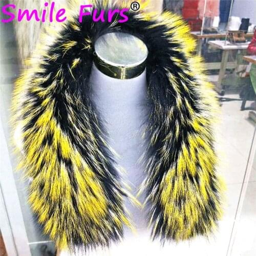 Women Winter Real Raccoon Fur Collar 75*16cm Black With Yellow Fashion Warm Furry Large Size Scarf Shawl Wraps Men Jackets Decor