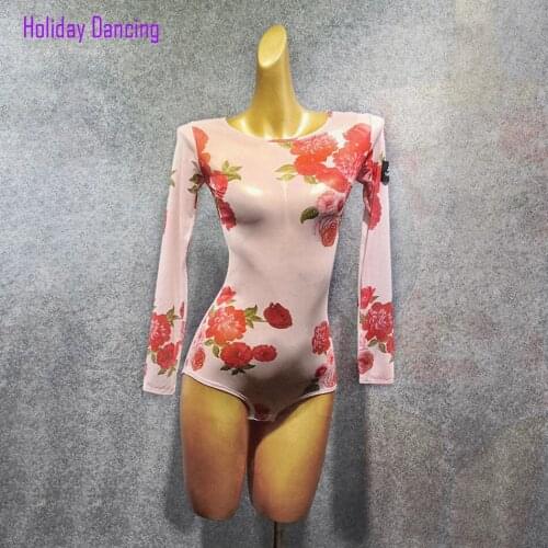 Long Sleeve Floral design Women Latin Dance Bodysuit Latin Dancing Tops Practise Tango Chacha Dancing Performamnce W400