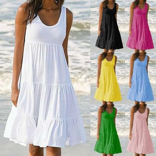 Womens dress sleeveless round neck solid color stitching beach dress